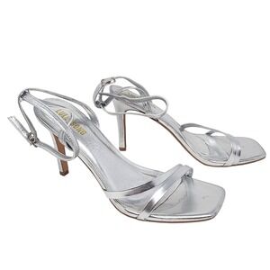 LULLASONG Silver Strappy Square Toe Stiletto Heel Sandals Women's Size 9